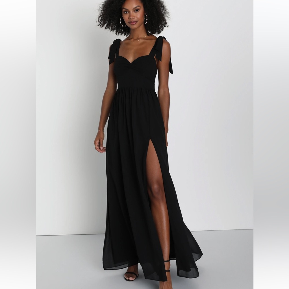 Lulu’s Radiant Charisma Black Chiffon Ruched Tie-Strap Maxi Dress